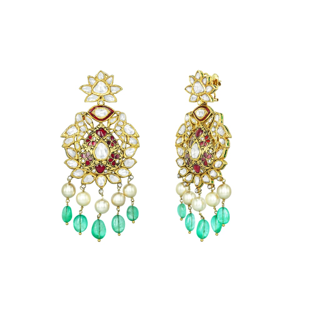 Polki Necklace Set with Red Stones, Emerald Beads, and Pearls